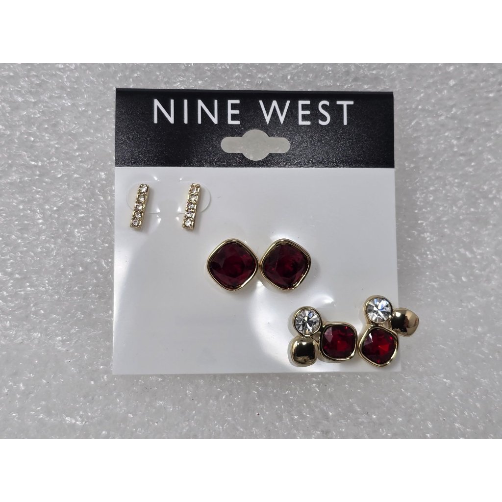 Nine West Gold-Tone Red Crystal Stud Earrings Set Of 3 Pairs For Women 18$